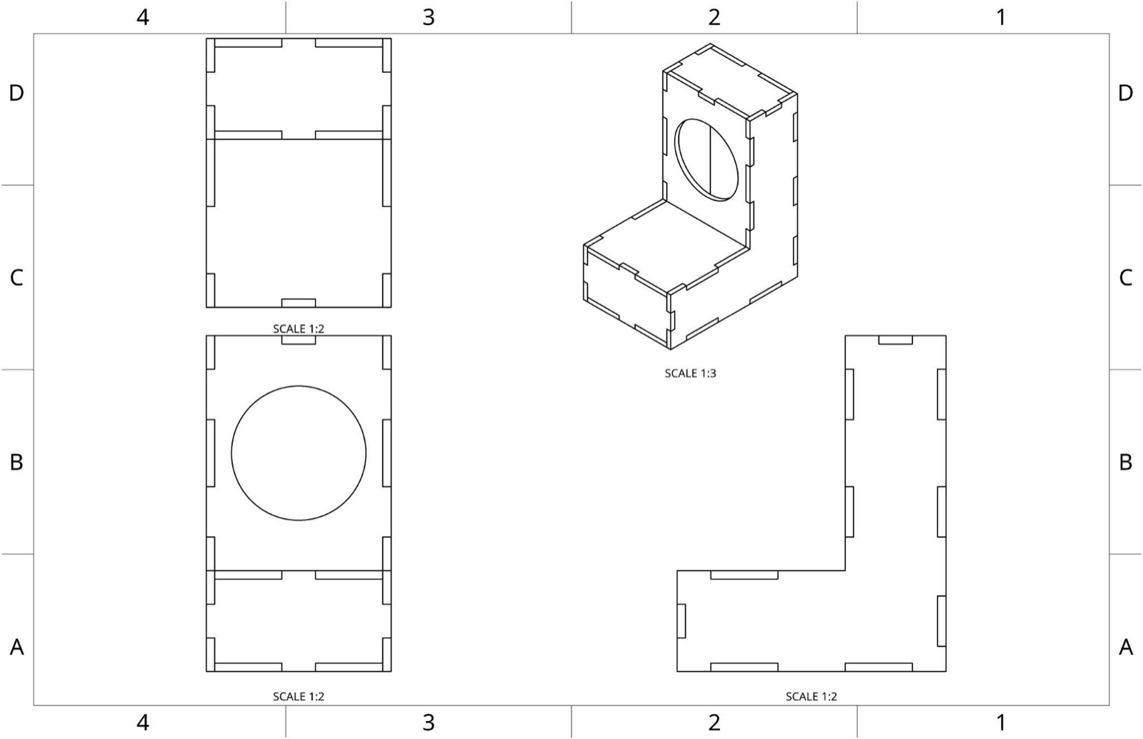Dimensioned engineering drawing of the L-shaped chime housing with sound cutout
