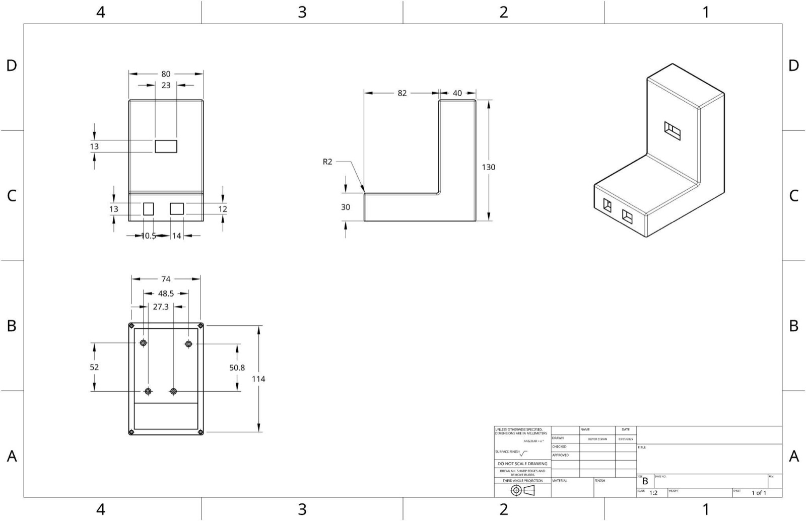 Dimensioned drawing of the early L-shaped motor unit housing intended for 3D printing