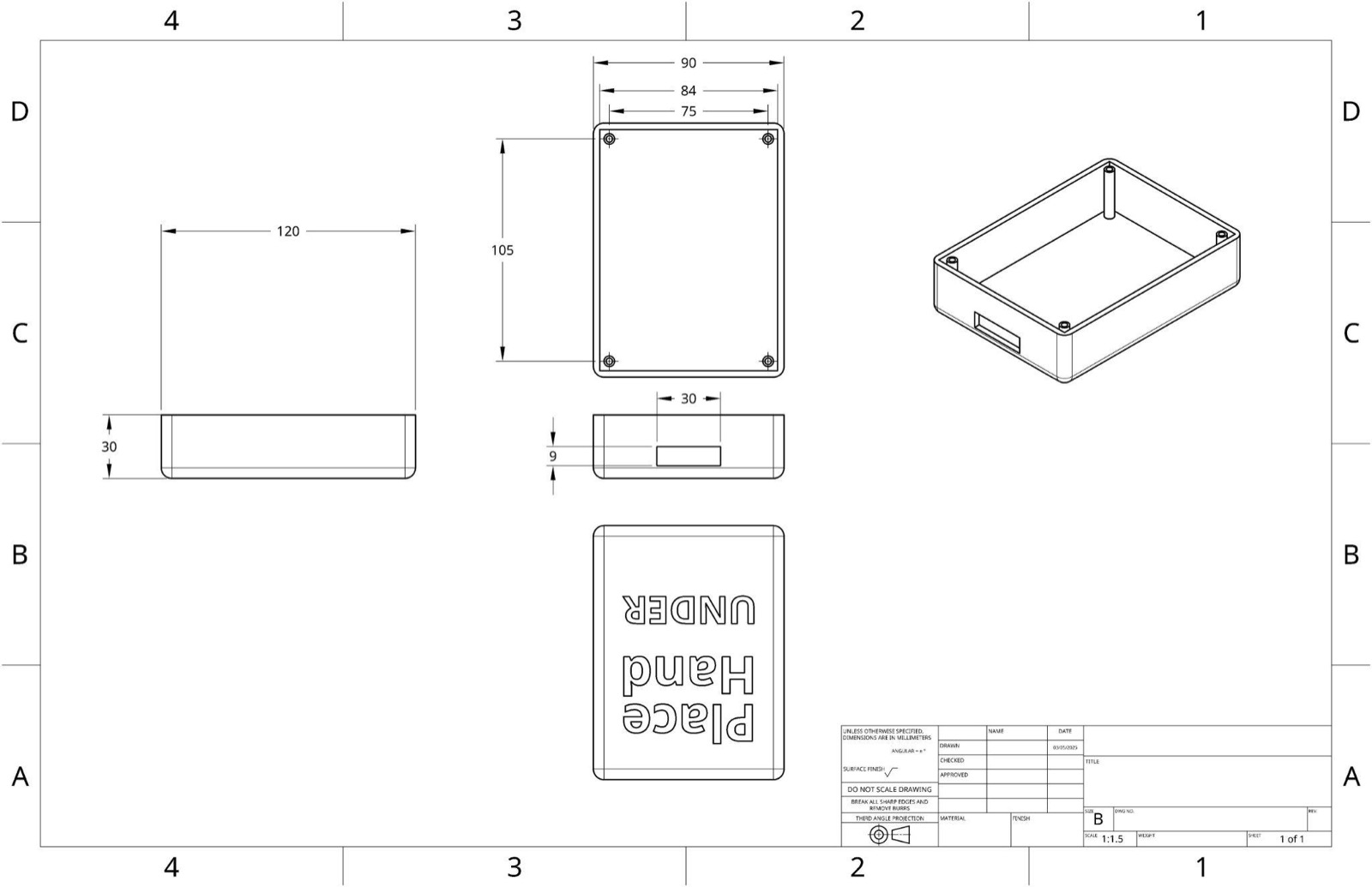 Dimensioned drawing of the early sensor enclosure with a Place Hand Under engraving