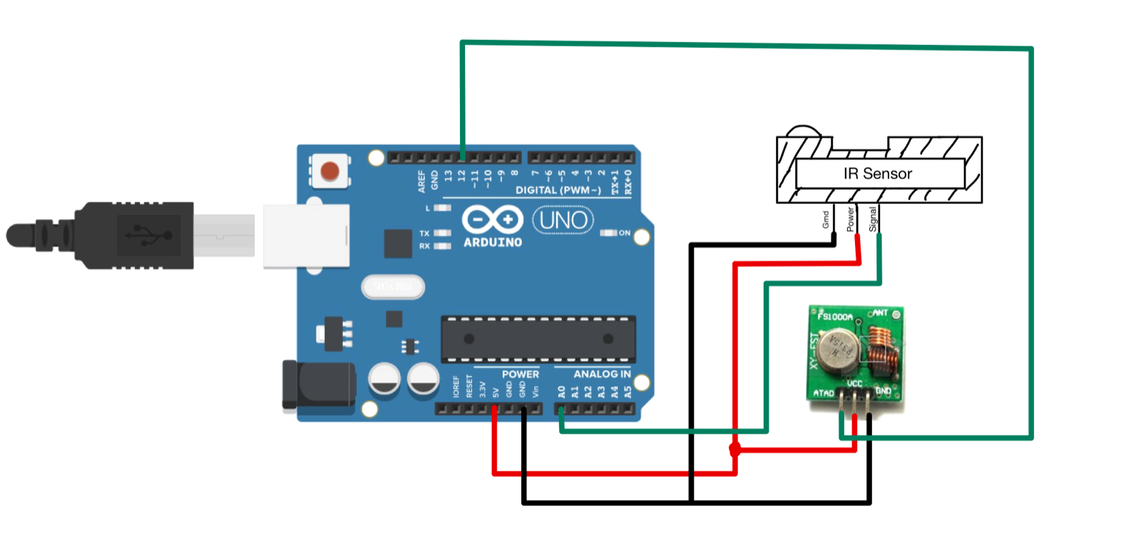 Wiring diagram of the sensor unit: Arduino, IR distance sensor, and RF transmitter
