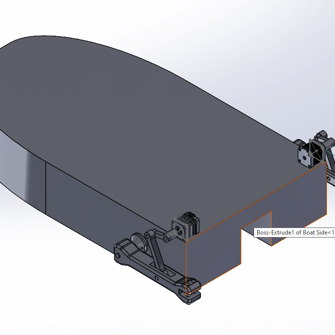 SolidWorks assembly of a boat hull with four-bar fin linkages mounted on the stern