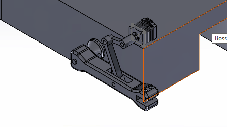 Close-up CAD view of the boat-mounted fin drive linkage with motor