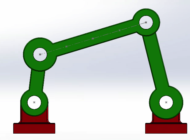 Colored four-bar linkage assembly showing the moving links on their ground mounts