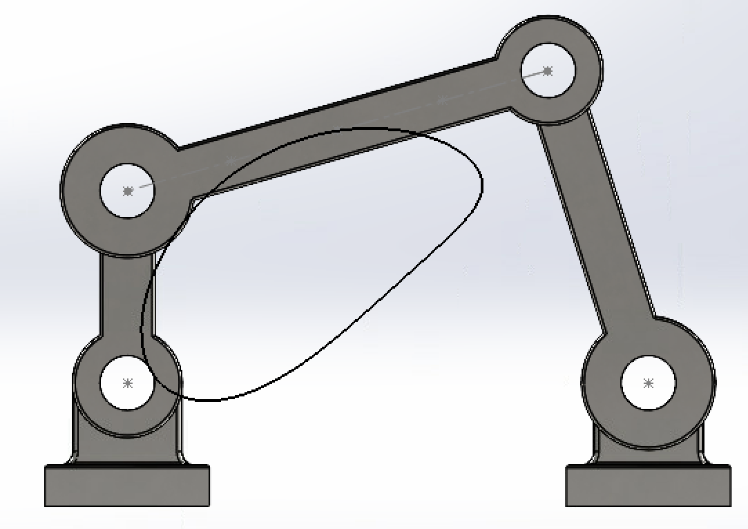 Four-bar linkage in SolidWorks with the traced path curve of the coupler midpoint