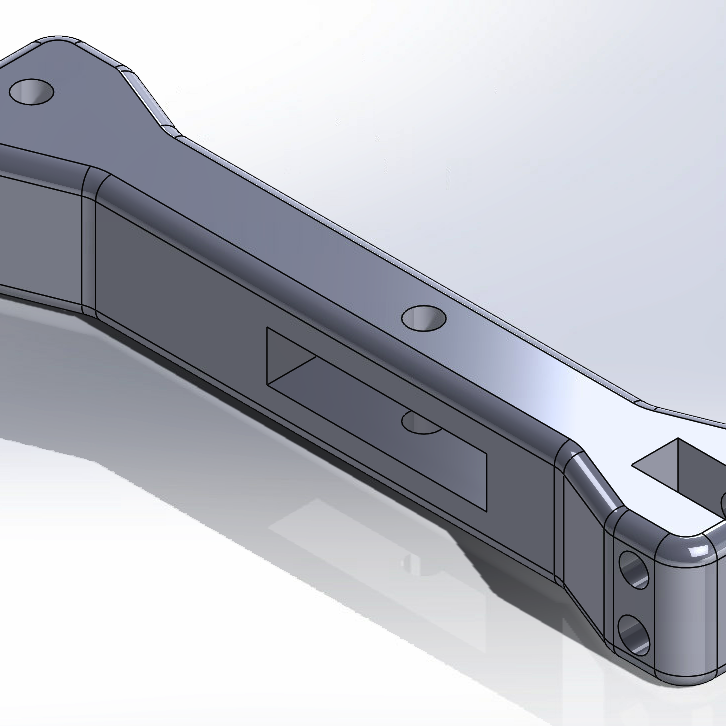 SolidWorks render of the linkage rocker arm with slots and holes