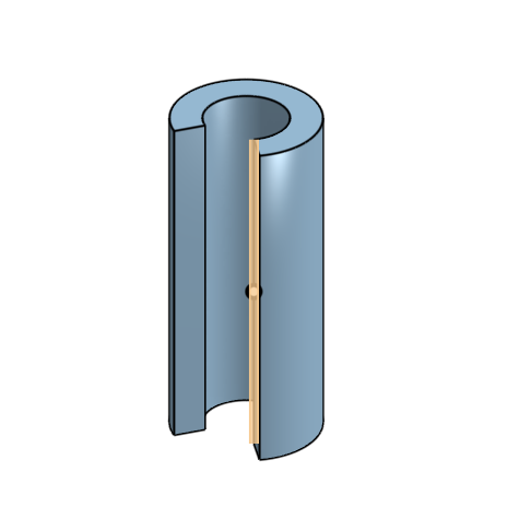 CAD model of a split cylindrical sleeve bushing with an axial pin feature