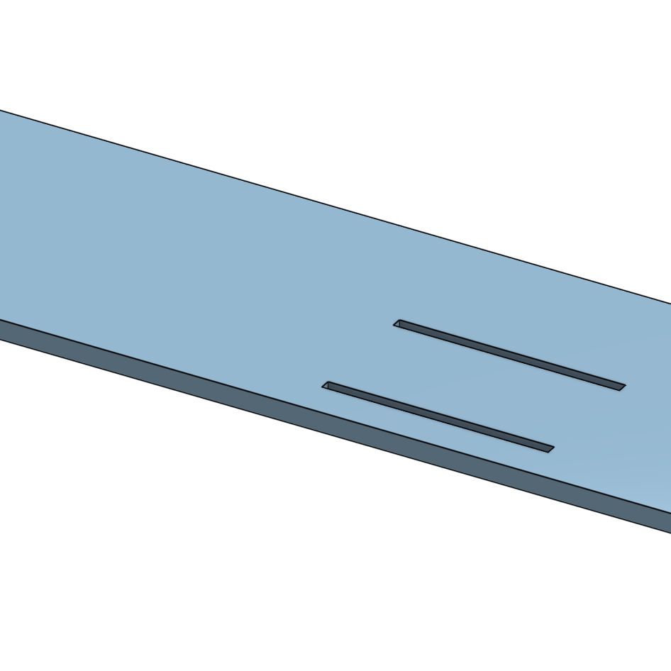 CAD model of a flat track strip with two thin slot cutouts