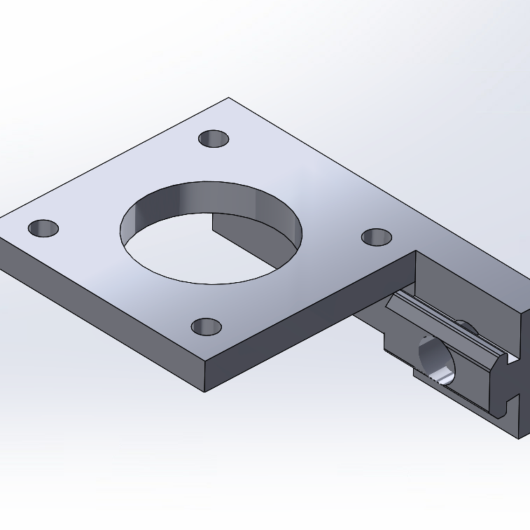 CAD model of a stepper motor mount plate with bore, bolt holes, and rail clamp