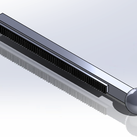 CAD model of a gear rack on a cylindrical rod with a rounded ball end