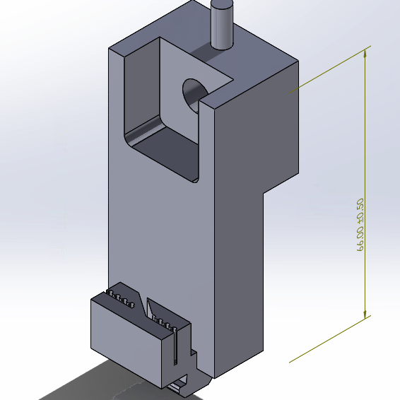 CAD model of a slider housing block with rack teeth and a 66 mm dimension callout