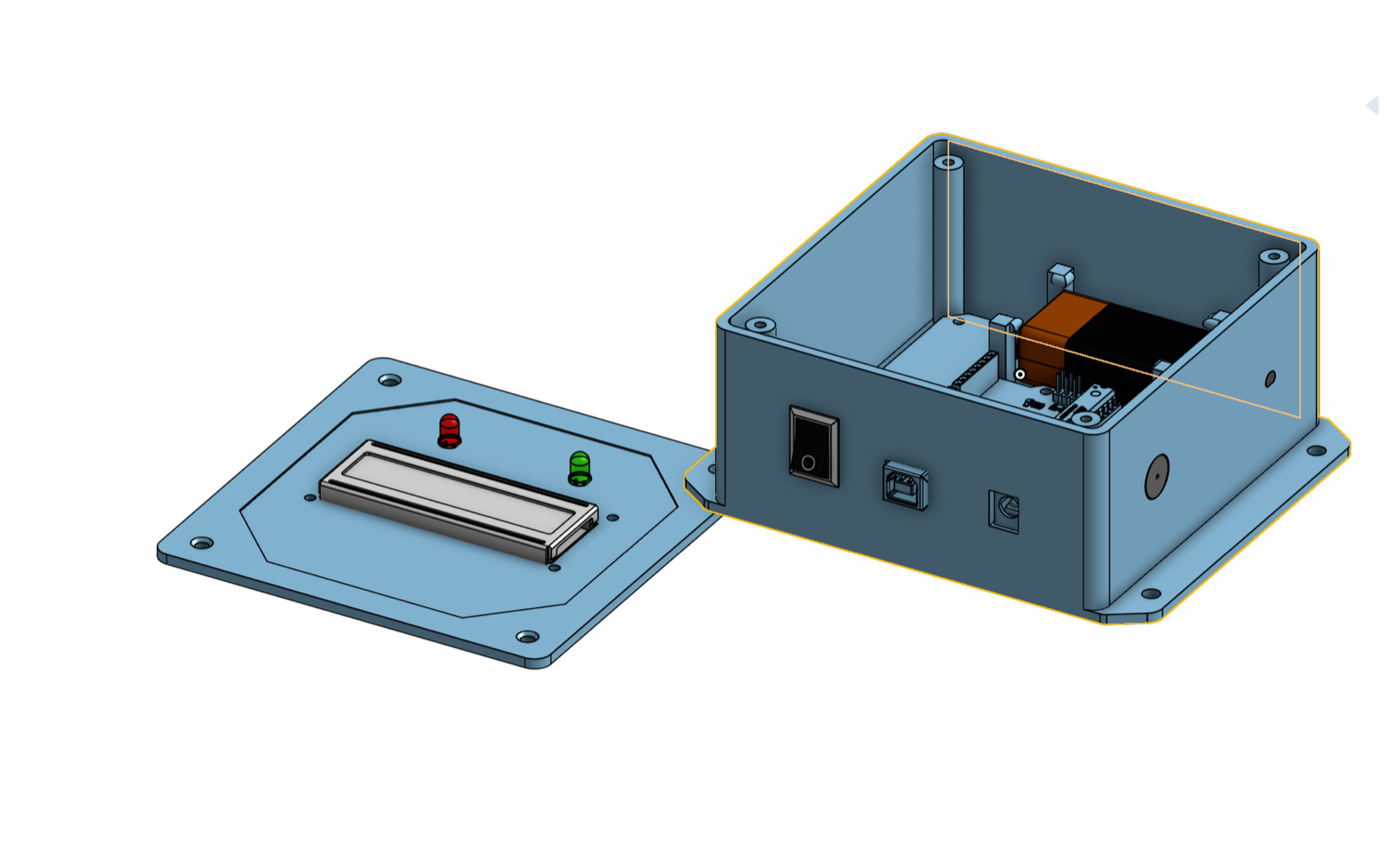 CAD render of the open enclosure showing the lid with LCD and LEDs and the base holding the Arduino and battery