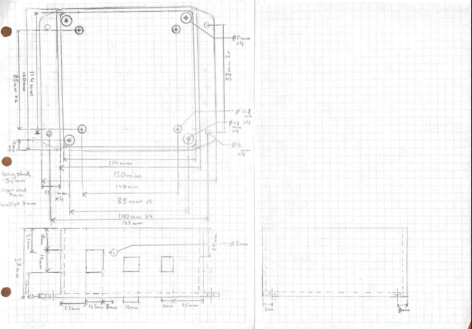 Pencil drawing on graph paper of an enclosure layout with dimensions